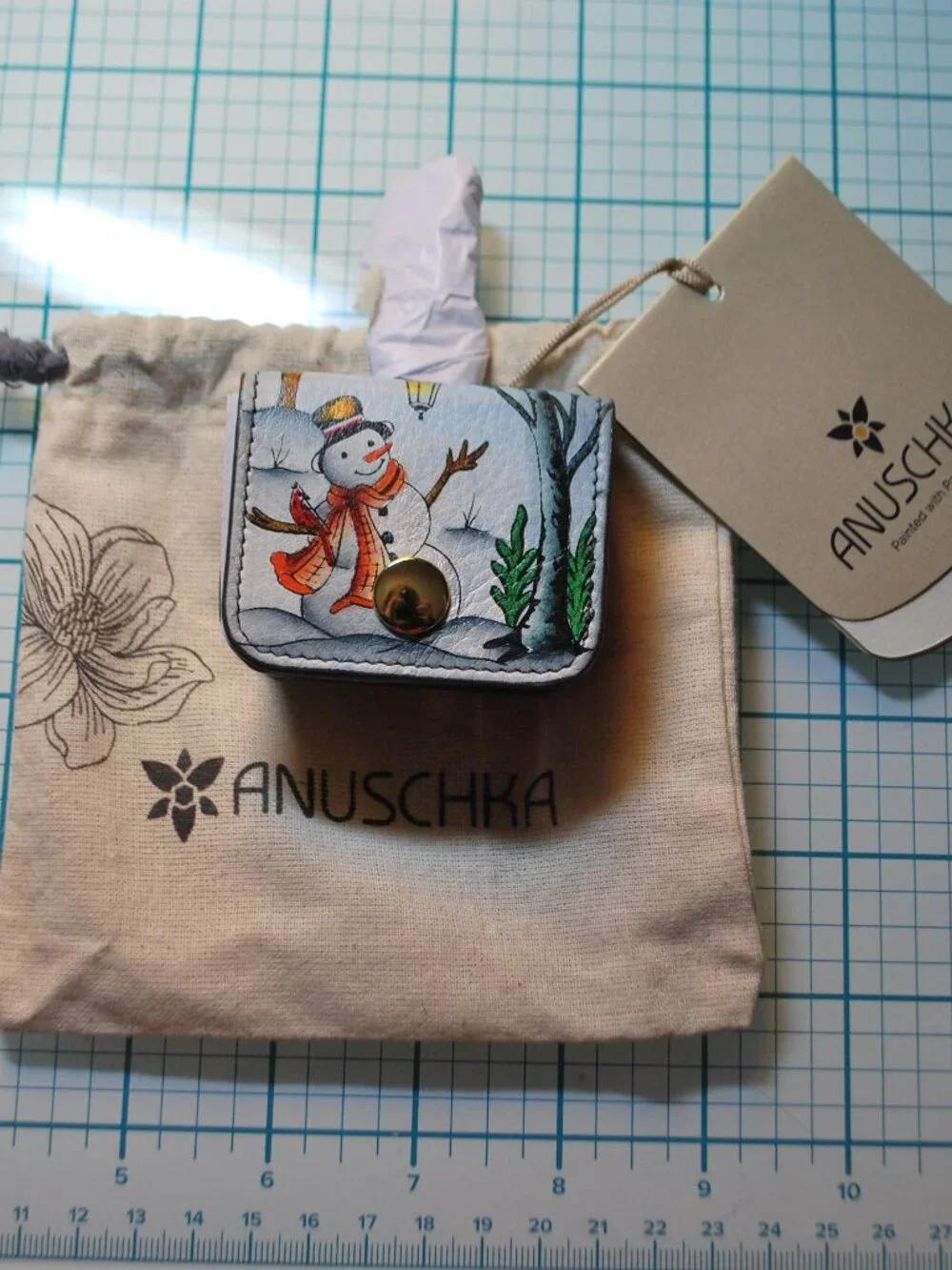 NWT Anuscka Snowman Hand Painted Leather Airpod Case